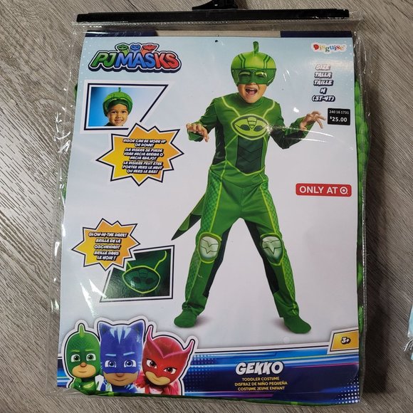 PJ Masks NWT Gekko Classic Halloween Costume Jumpsuit with Headpiece 3-4T - Picture 3 of 8